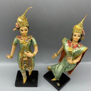 Vintage 1960's Collectible Thai Dancing Dolls on Wood Bases with Green Outfits